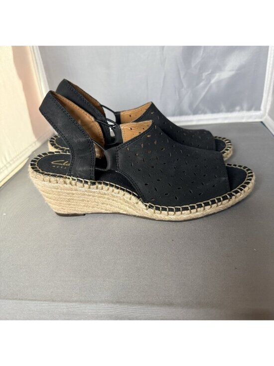 Clarks Shoes - Clarks Artisan Petrina Selma Black Perforated Espadrille Wedge Sandals Size 6
